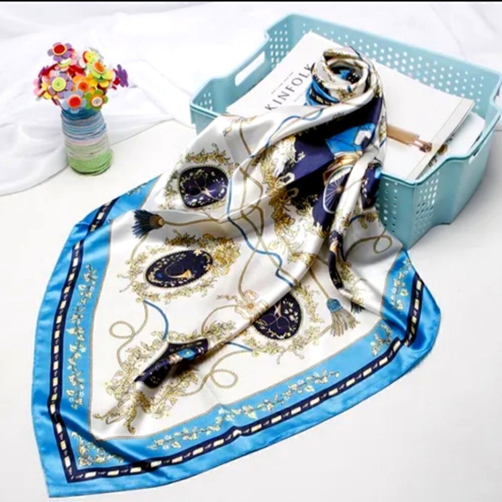 Women's Fashion Red or Blue Print Square Scarf Soft Satin Silky Shawl Scarves